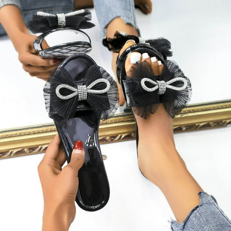 

Christmas Women s Fashion Rhinestone Bowknot Large Size Flat Beach Sandals And Slippers