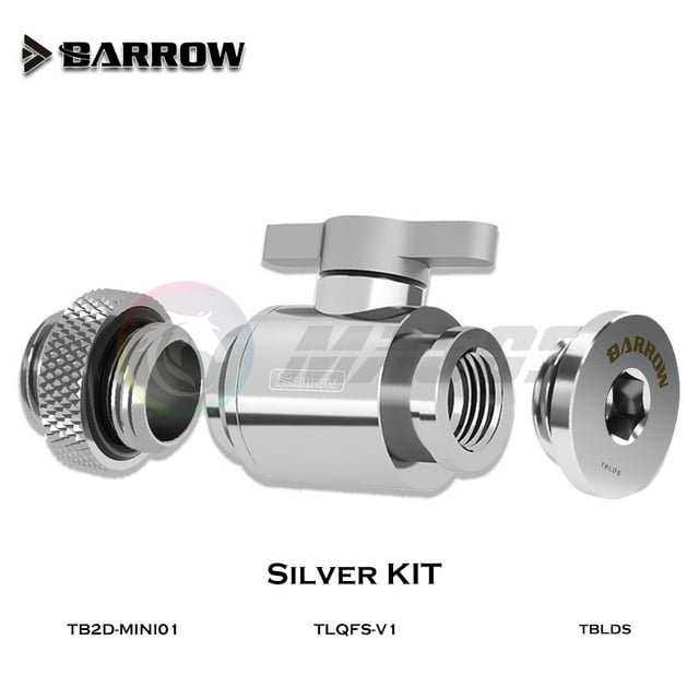 Barrow Water Stop Kit, Switch+Plug+Male to Male Fitting/Double Inner Water Colling Kit G1/4 Thread, Black/White/Silver All Silver kit