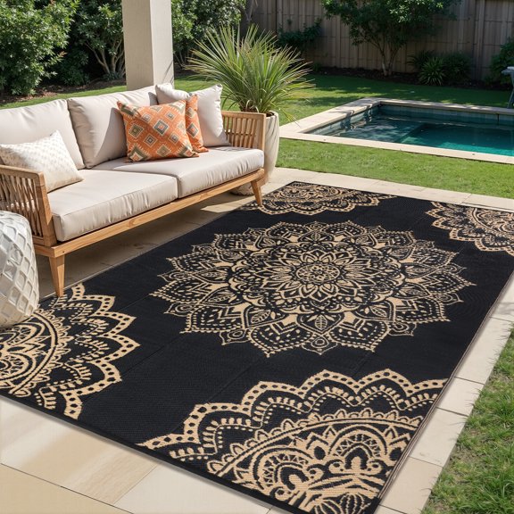 Findosom 5'x8' Outdoor Rug Large Patios Rug RV Outdoor Rug Waterproof Foldable Portable Camping Rugs Reversible Plastic Straw Rug Outdoor Area Rug for Camping, RV, Balcony, Patio, Picnic, Beach Black