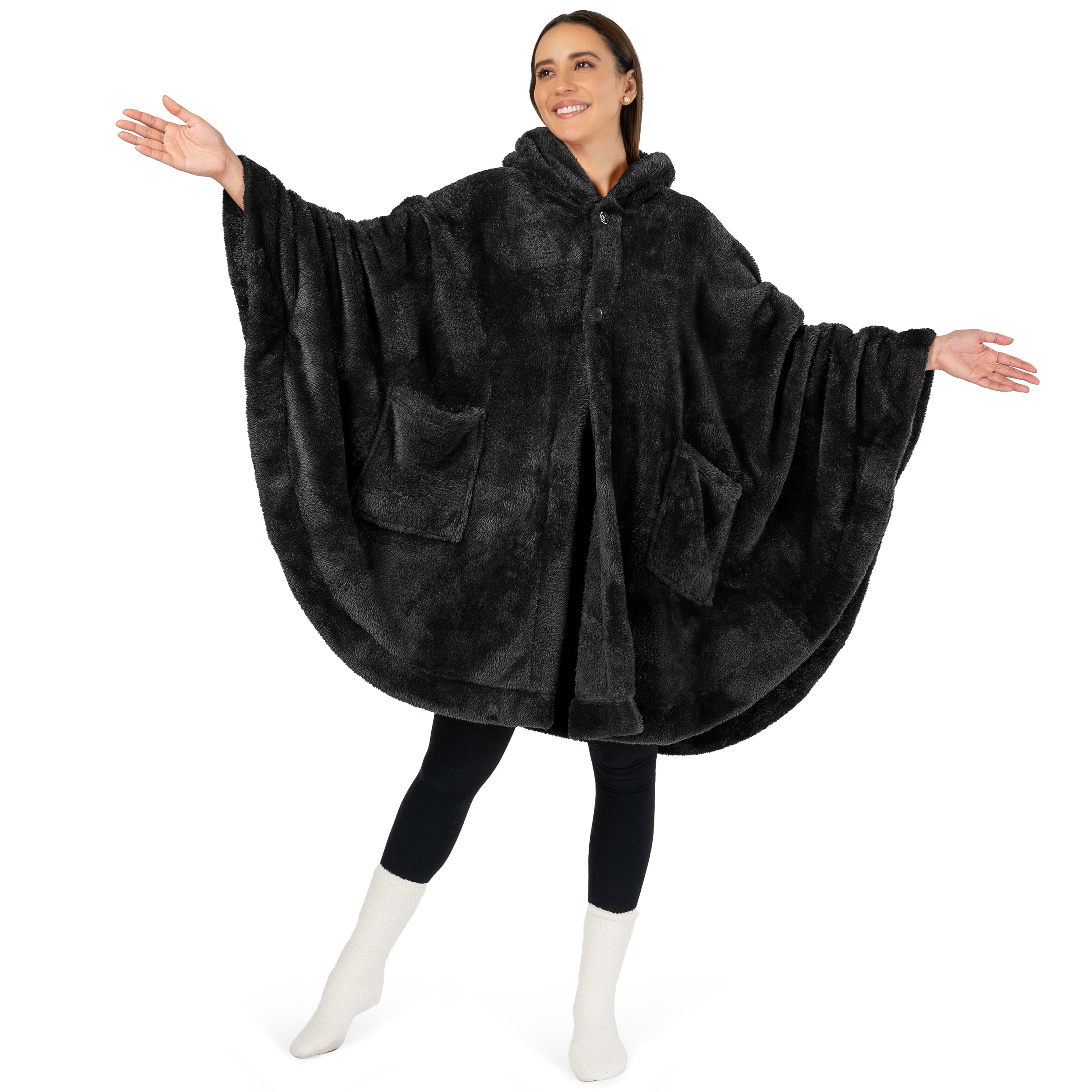 Pavilia Angel Wrap Hooded Blanket Poncho Sherpa Fleece, Black