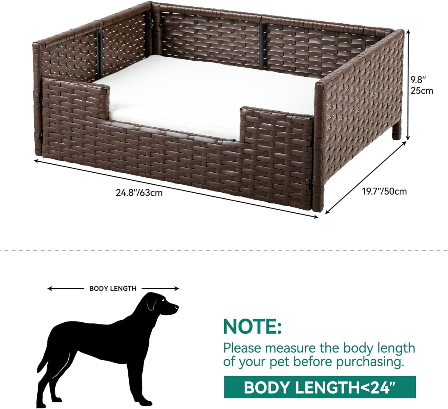 Rattan Pet Sofa Bed with Cushion, Wicker Dog Cat Bed Couch Indoor Outdoor Waterproof for Large Medium Small Pets, 34.6"L x 23.6"W x 11.8"H, Beige