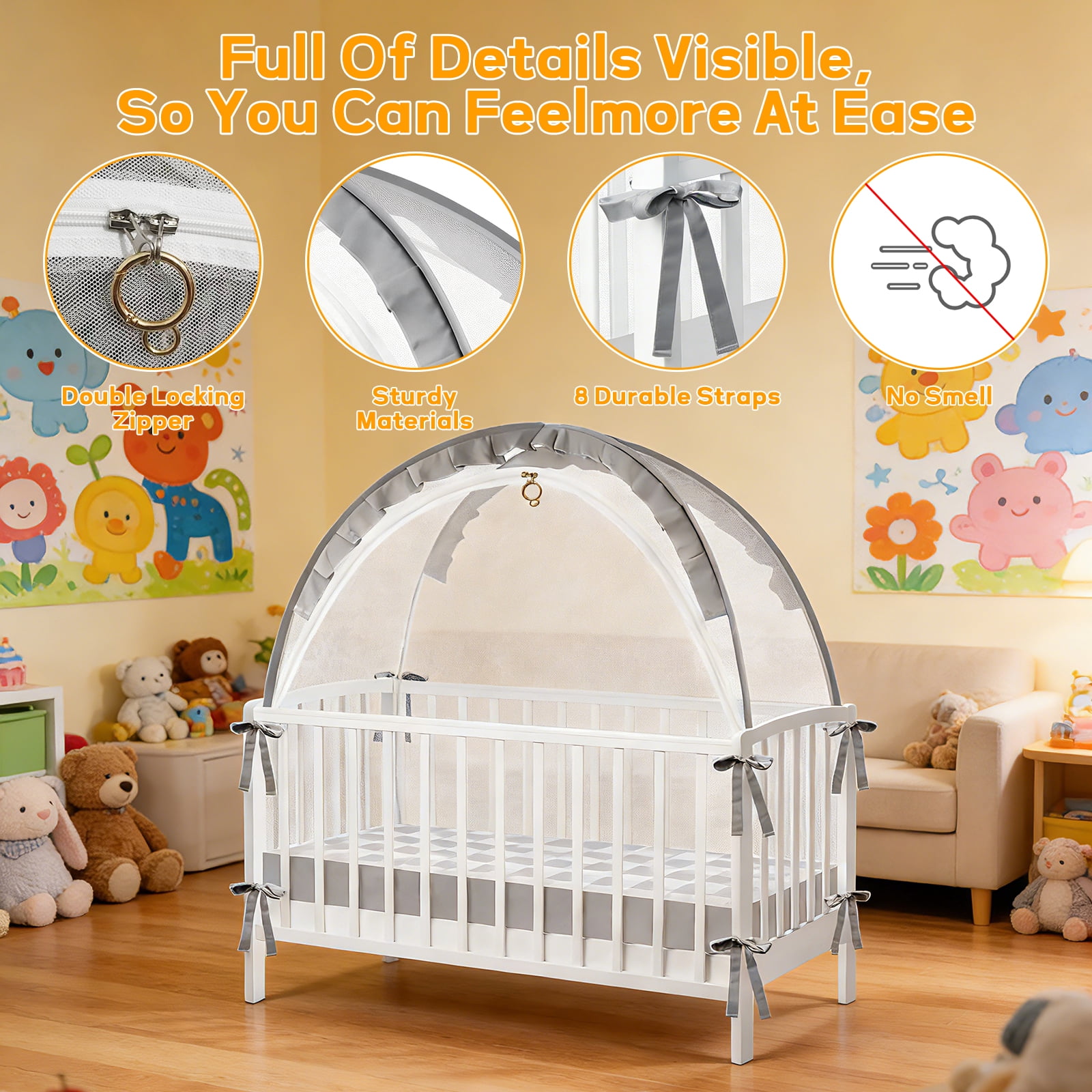 Baby Crib Tent, Pop Up Mosquito Crib Net with Double Zipper Self-Locked,1200 Holes/Inch Mesh to Keep Baby from Climbing Out, Portable Easy Install Mosquito Net 51.18" L x 27.56" W x 51.18" H