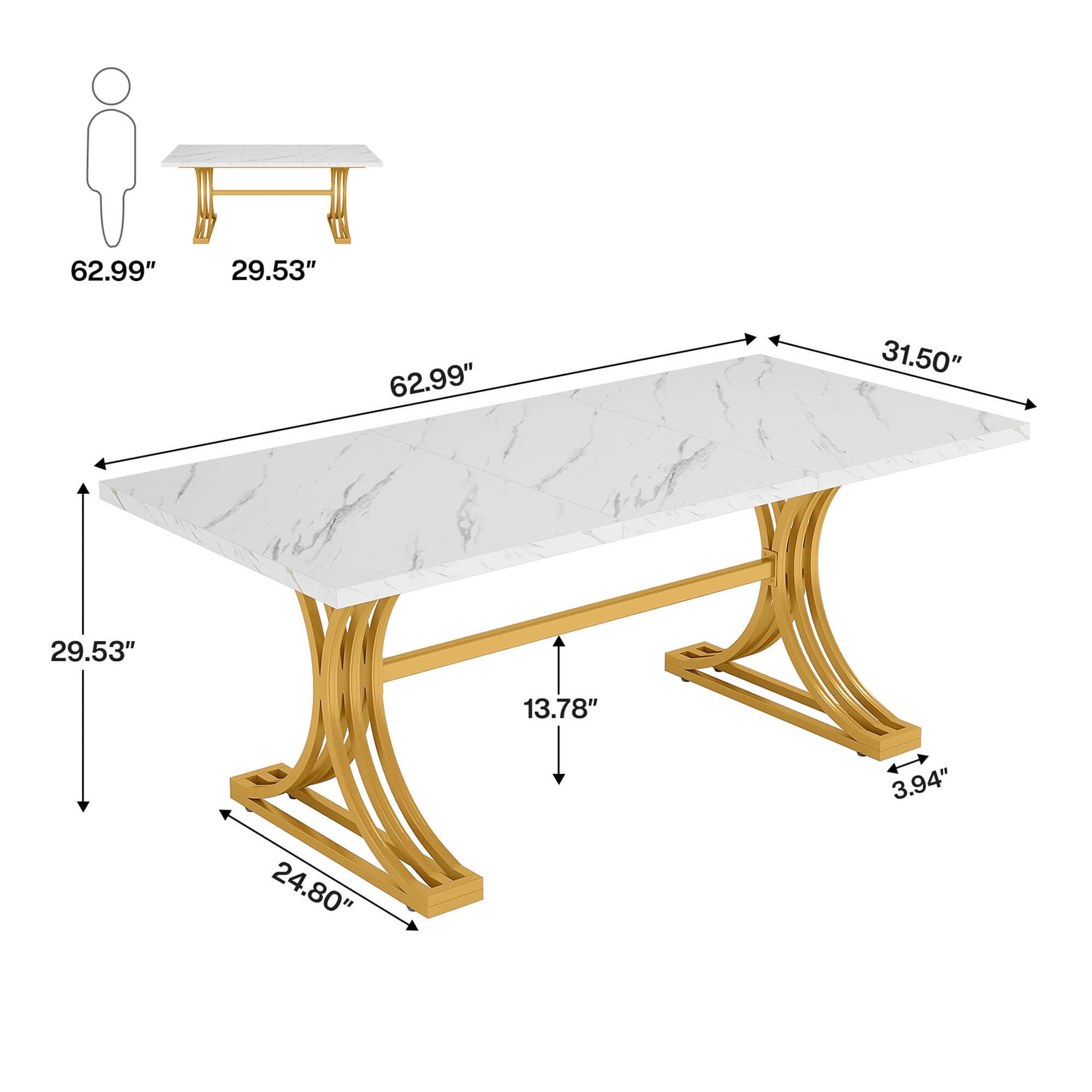 MAYEERTY 63" Faux Marble Gold Metal Dining Table, Modern Elegant Kitchen Table