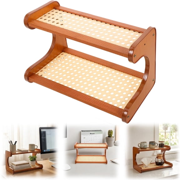 Mohdy 2-Tier Rustic Wood Desktop Storage Rack, Rattan Desk Organizer Shelf for Office Supplies, Home & Kitchen Counter Storage, Sturdy Easy a ssembly