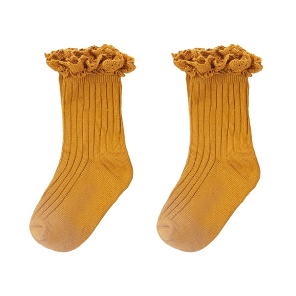 AWZXDE Childrens Lace Solid Color Double Needle Crew Socks for Daily School Outdoor Play Yellow,1-3 Years
