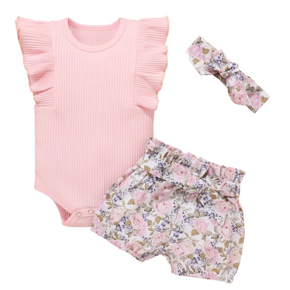 Dooleck Baby Girl Clothes Infant Ribbed Ruffle Bodysuit Floral Shorts Outfit Set