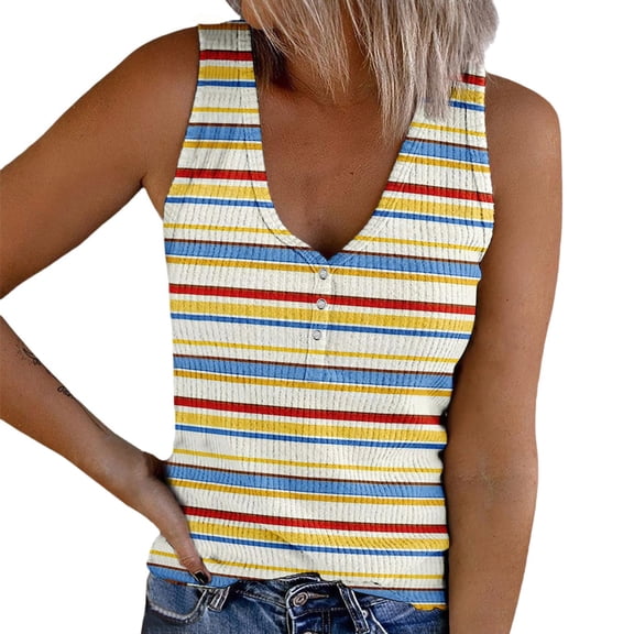 Bovemsi Camisole Tops for Women Women's Summer V Tie Button Stripe Printed Strip Fabric Loose Casual Tank Top Basic Tanks