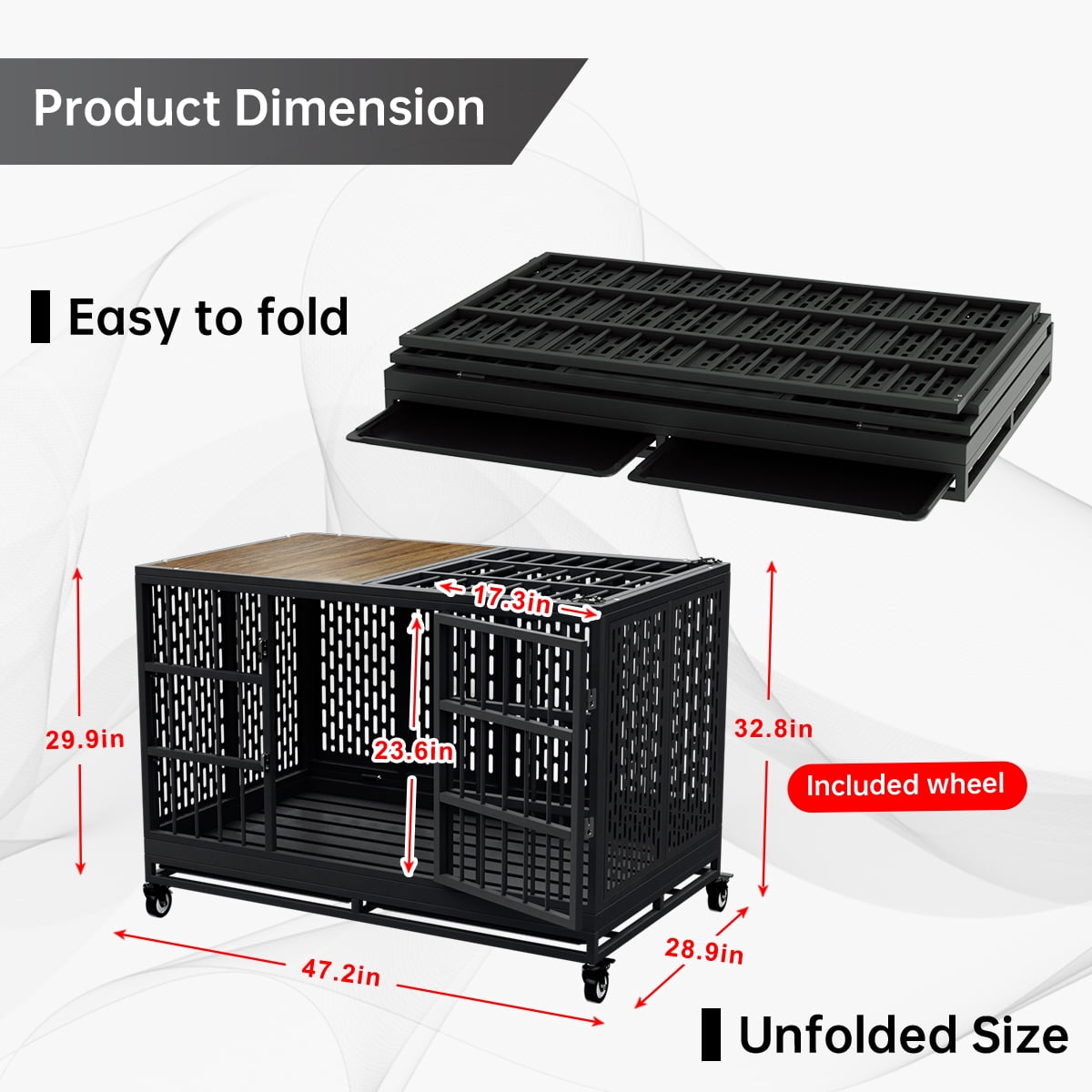 48 Inch Heavy Duty Dog Crate with Wheels, Folding Metal Big Dog Cage for Large and Medium Dogs, Extra Large XL XXL Indestructible Furniture Style Dog Crate with Removable Tray.