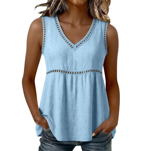 cocolona Womens Summer Tank Tops V Neck Sleeveless Hollow Out Pleated Shirts Dressy Casual Flowy Solid Color Blouses