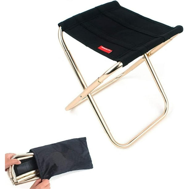 Taburete plegable portátil, mini taburete para acampar, asiento plegable de aluminio, silla ultraligera con bolsa de almacenamiento para senderismo, viajes, pesca, barbacoa, picnic, color negro