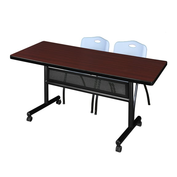 72" x 30" Flip Top Mobile Training Table with Modesty Panel- Mahogany and 2 "M" Stack Chairs- Grey