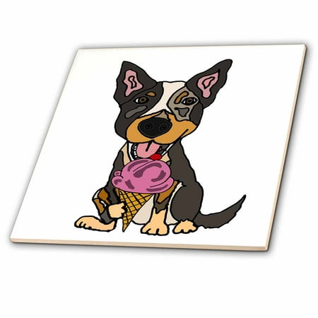 Dog Eating Ice Cream 3dRose Funny Cute Australian Cattle Dog Puppy Eating Ice Cream Cone - Ceramic Tile, 4-inch ()