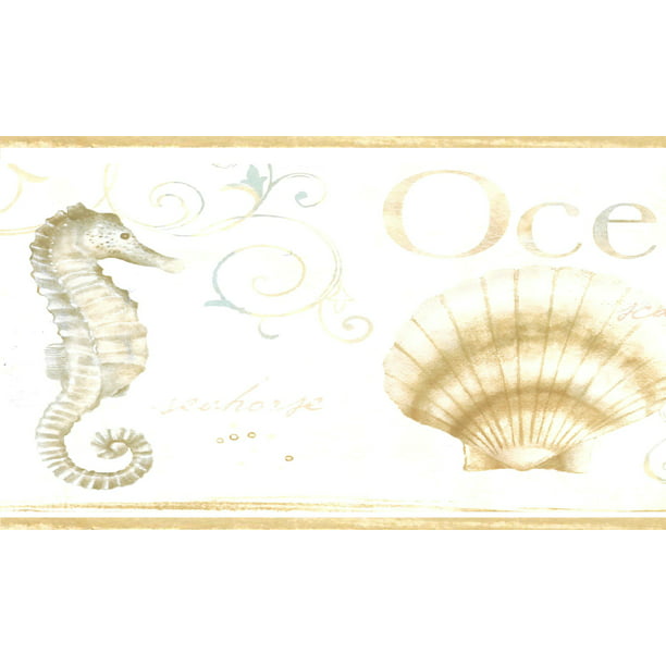 Dundee Deco Prepasted Wallpaper Border - Nautical Gold, Beige Seahorse,  Shells, Starfish, 15 ft x 6 in 