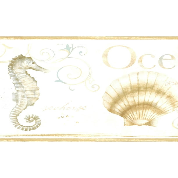 Dundee Deco Prepasted Wallpaper Border - Nautical Gold, Beige Seahorse, Shells, Starfish, 15 ft x 6 in Dundee Deco Prepasted Wallpaper Border - Nautical Gold, Beige Seahorse, Shells, Starfish, 15 ft x 6 in
