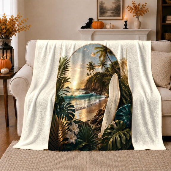 Tropical Sunset Beach Surfboard Scene, Peaceful Coastal Landscape Scene, Warm Flannel Blanket for Beach House and Living Room, Beach Lovers Housewarming Gift, Coastal Home Decor