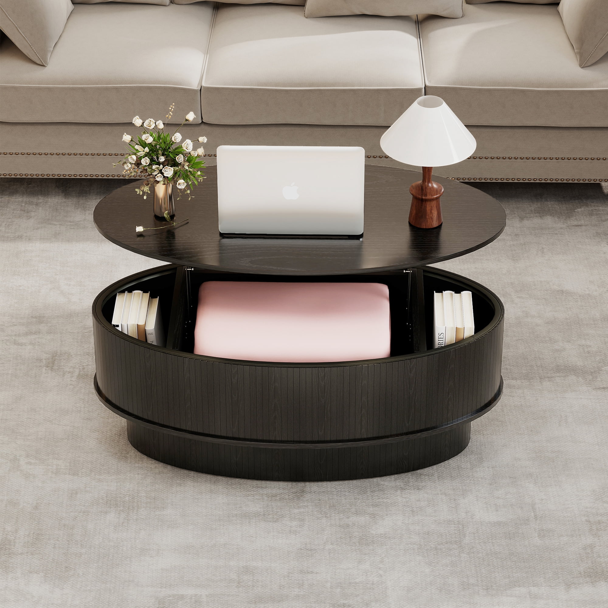 Lift Top Coffee Table with Storage, Mid Century Modern Coffee Table for Living Room, Oval Center Table for Small Space, Black