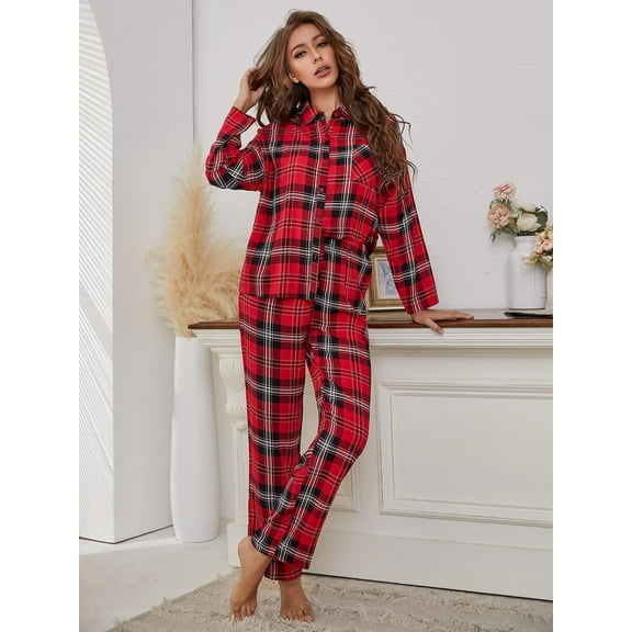 ebukurty Cozy Women's Pajama Set 2 Piece Red Plaid Button Long Sleeves Lounge Sets, Sizes S-XL