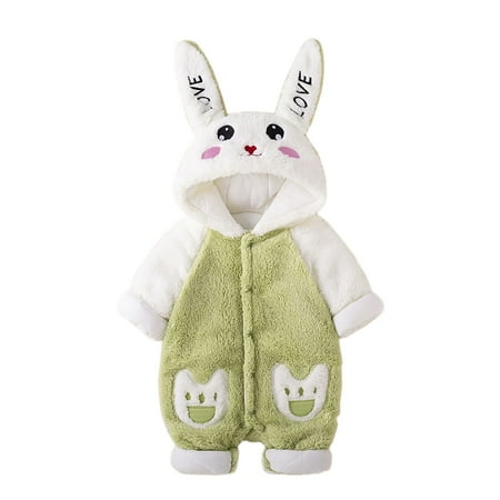 Winter Romper For Toddler Rabbit Ears Hooded Long Sleeve Button Print Jumpsuits Cute Thermal Comfy Oneise 2-24M (1 Years Green)