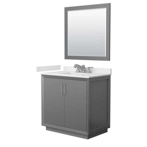 36 in. Single Bathroom Vanity in Dark Gray with White Quartz Countertop Undermount Square Sink 3-Hole & Brushed Nickel Trim - 34 in. Mirror