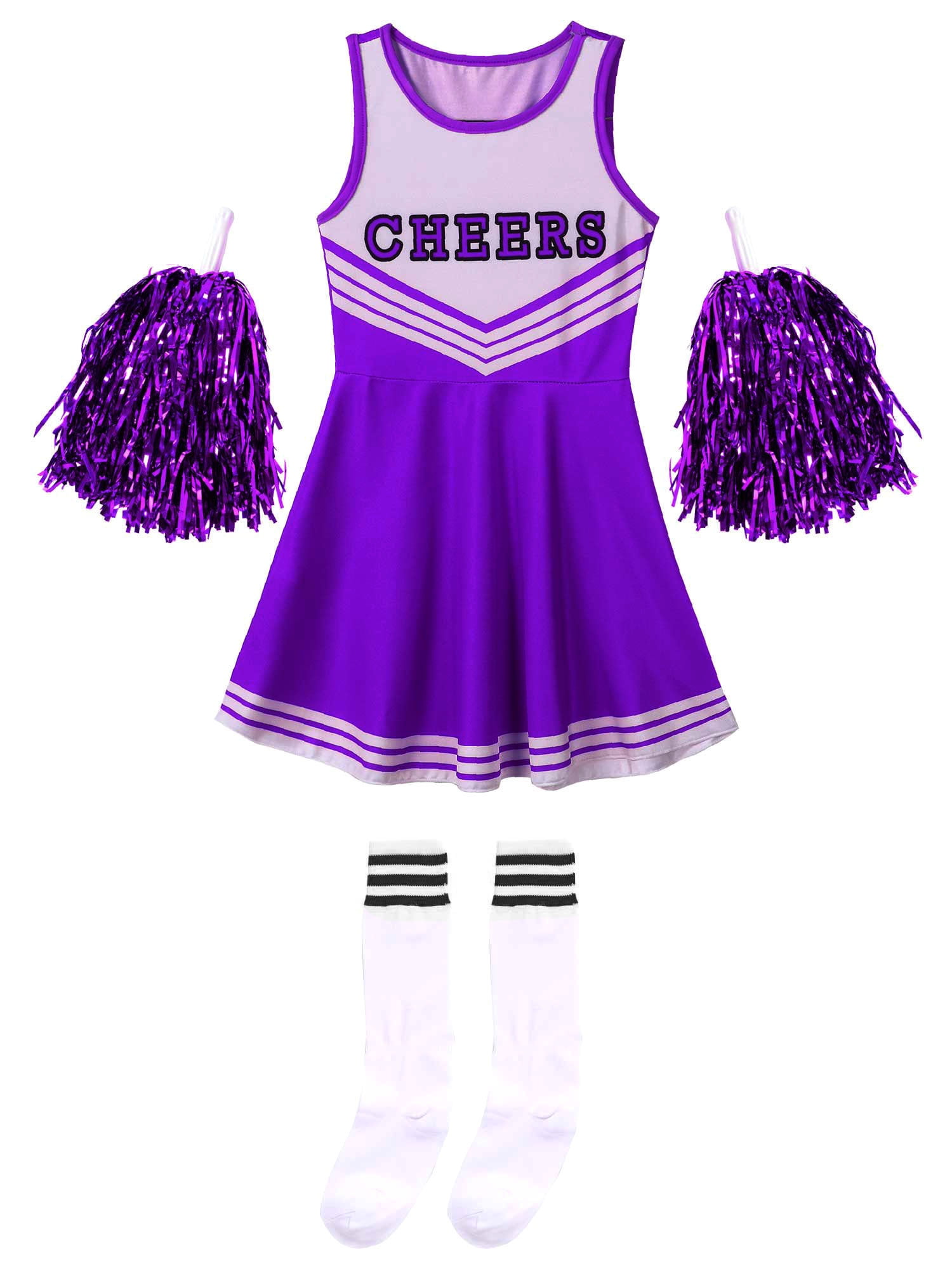 renvena Kids Cheer Leader Costume Girls Cheerleading Uniform Dress Outfit with Stockings 2 Pom