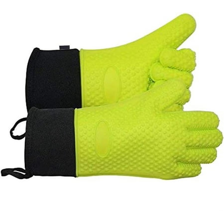 

1 Pair Heat Resistant Oven Grill Mitts Long Non-Slip Waterproof BBQ Mitt Accessories for Men and Women Black Silicone Pot Holders Green