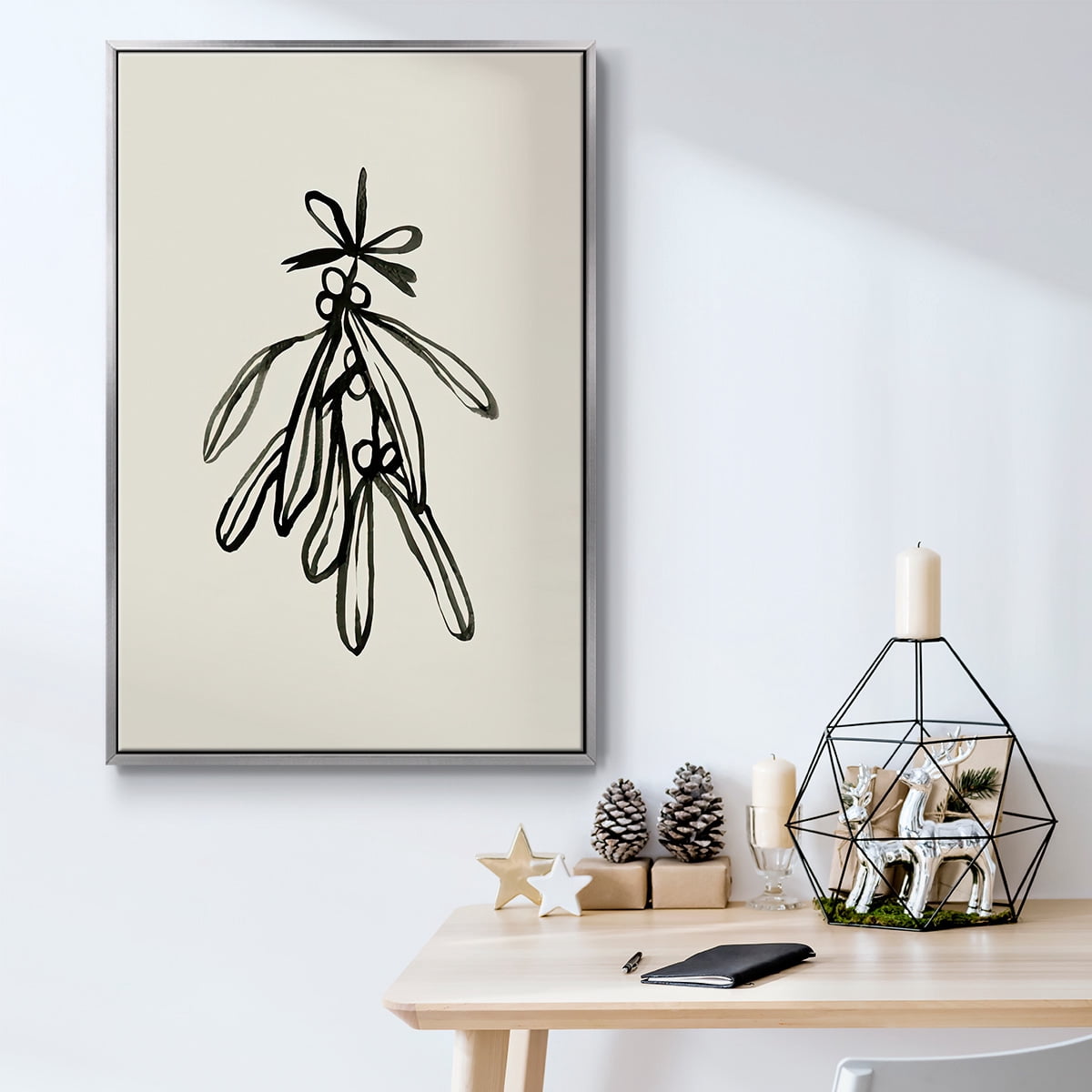 Mistletoe Sketch with Bows II - Framed Gallery Wrapped Holiday Canvas - 17 x 25 - Silver Frame