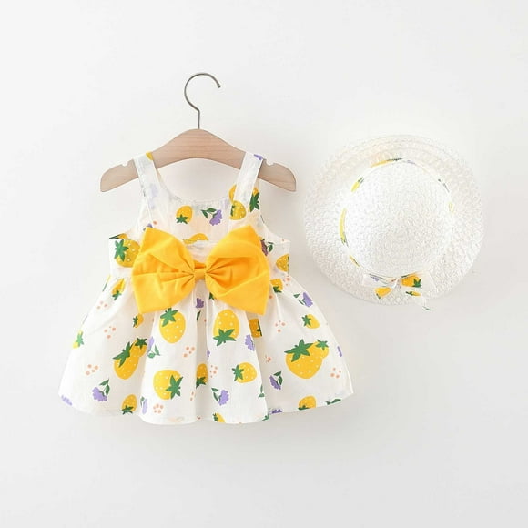 Robes pour Bébé Fille Robe Tutu pour Bébé Fille Robe d'Été Sans Manches pour Fille avec Chapeaux Deux Pièces Tenues pour Tout-Petites Fille 3-4 Ans