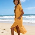 thumbnail image 6 of Kukoosong Summer Dresses for Women Casual Linen Peasant Tea-Length Short Sleeve Button Front Solid Color Crew Neck Dresses, 6 of 7