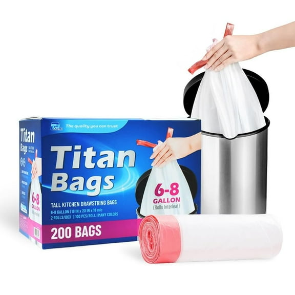 TP Plastic 6 Gallon Drawstring Trash Bags, Heavy Duty White Garbage Can Liners, 20" x 22", 0.7 Mil, Unscented, Leak-Proof Small Waste Bags, 200 Count