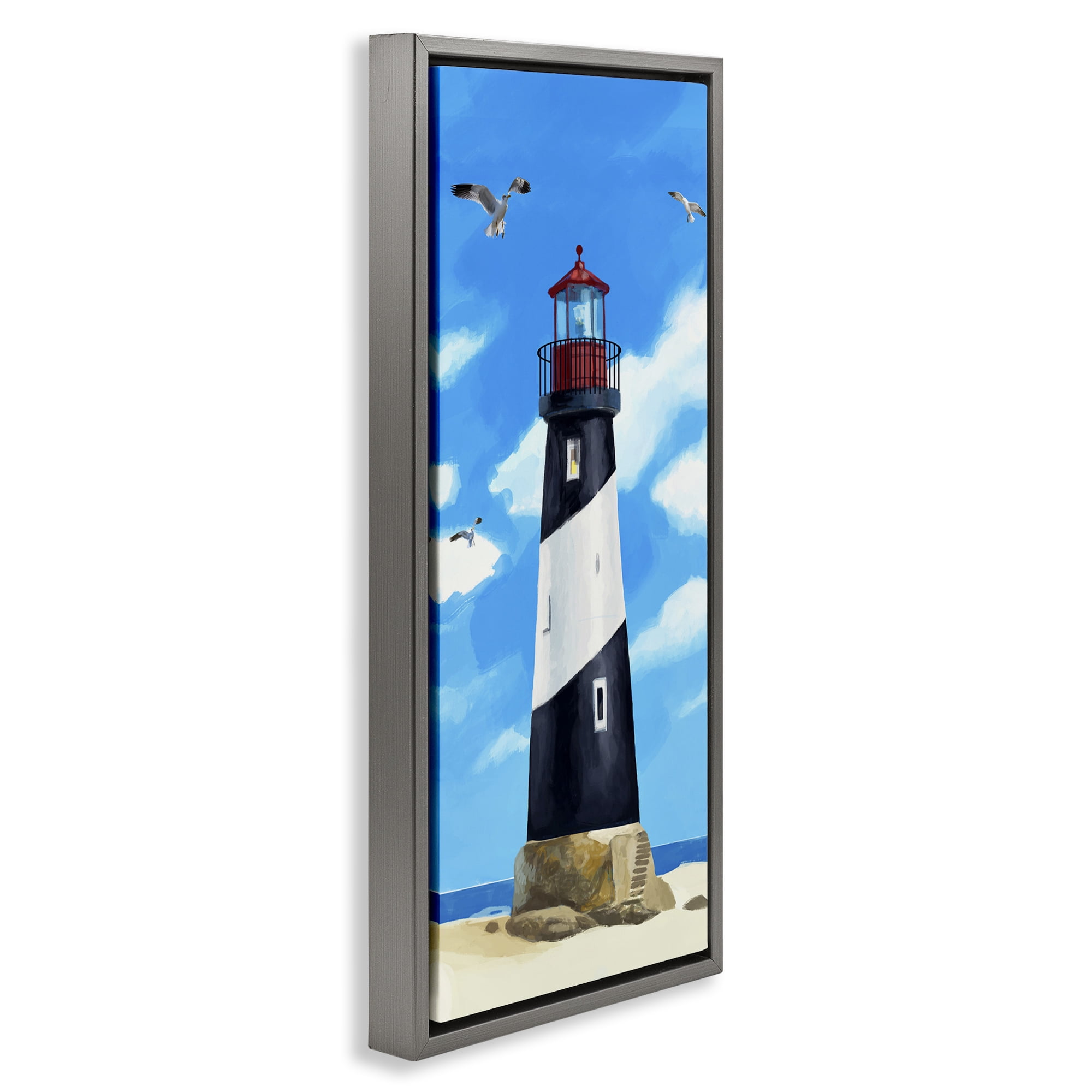 Stupell Industries Lighthouse on Beach Coastal Painting Gray Floater Framed Canvas Art Print Wall Art, 11 x 25