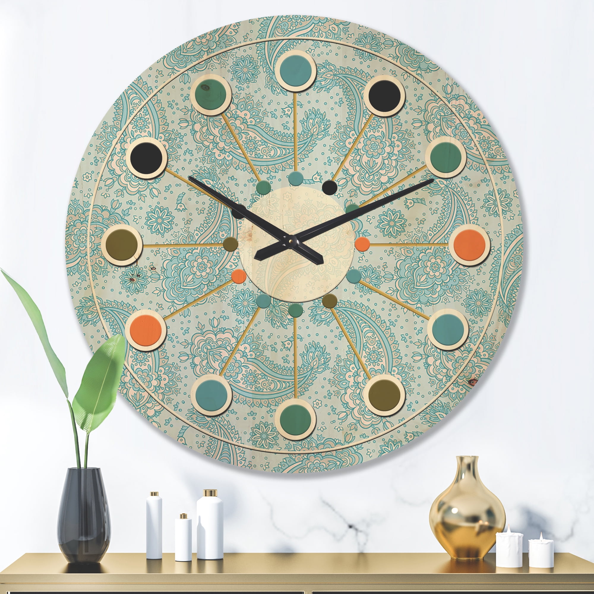Designart 'Asian Floral Paisley With Retro' Mid-Century Modern Wood Wall Clock