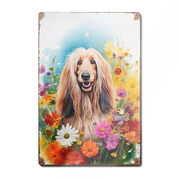 Welcome Spring Summer Afghan Hound Portrait Flower Blue Sky Vertical Metal Aluminum Sign Dog Lover Wall Art Home Decor - 12001