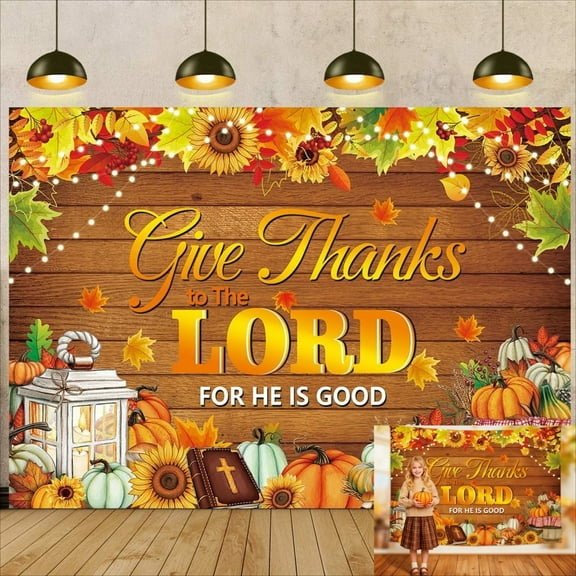 7x5FT Give Thanks to The Lord Backdrop Thanksgiving Backdrop Fall Backdrop Autumn Maple Leaves Pumpkins Thanksgiving Harvest Party Supplies