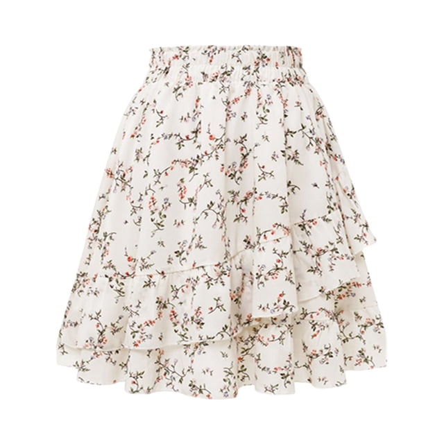 GPOECD Floral Print Pleated Skirts for Women A Line Patchwork Ruffle Bodycon Skirt Skirts for Women White,L