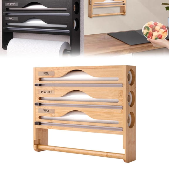 NOVELAR Kitchen Wrap and Paper Towel Holder, Bamboo Dispenser with 3 Slots and Cutting Edge, 14.24 x 11.70 in Size, for Organizing Food Storage and Meal Preparation