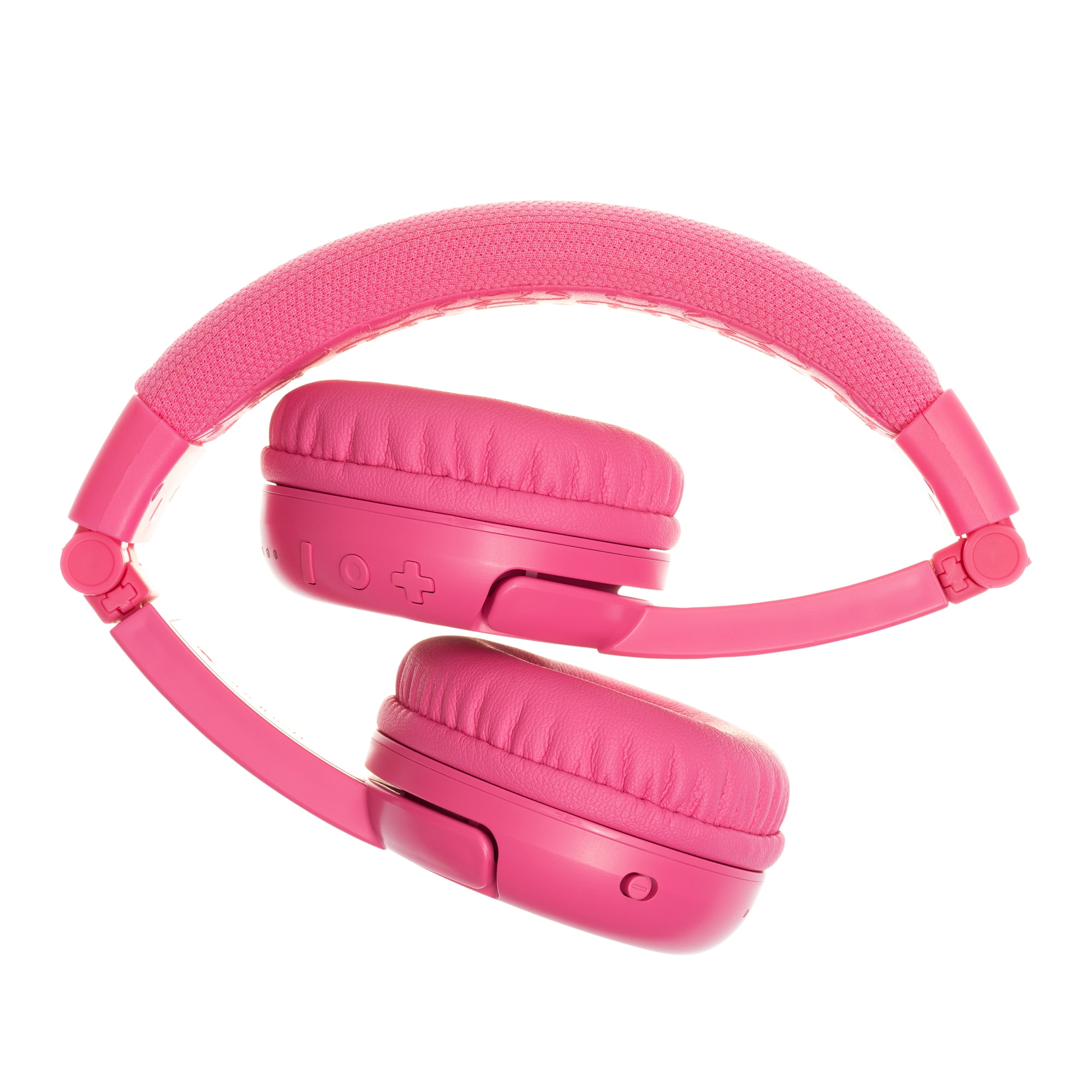BuddyPhones Play+, On-Ear Bluetooth Wireless or Wired Foldable Kids Headphones with Mic, 3 Volume Limiting Settings, Voice Enhance StudyMode, 20-Hours Battery, Customizable Stickers, Rose Pink