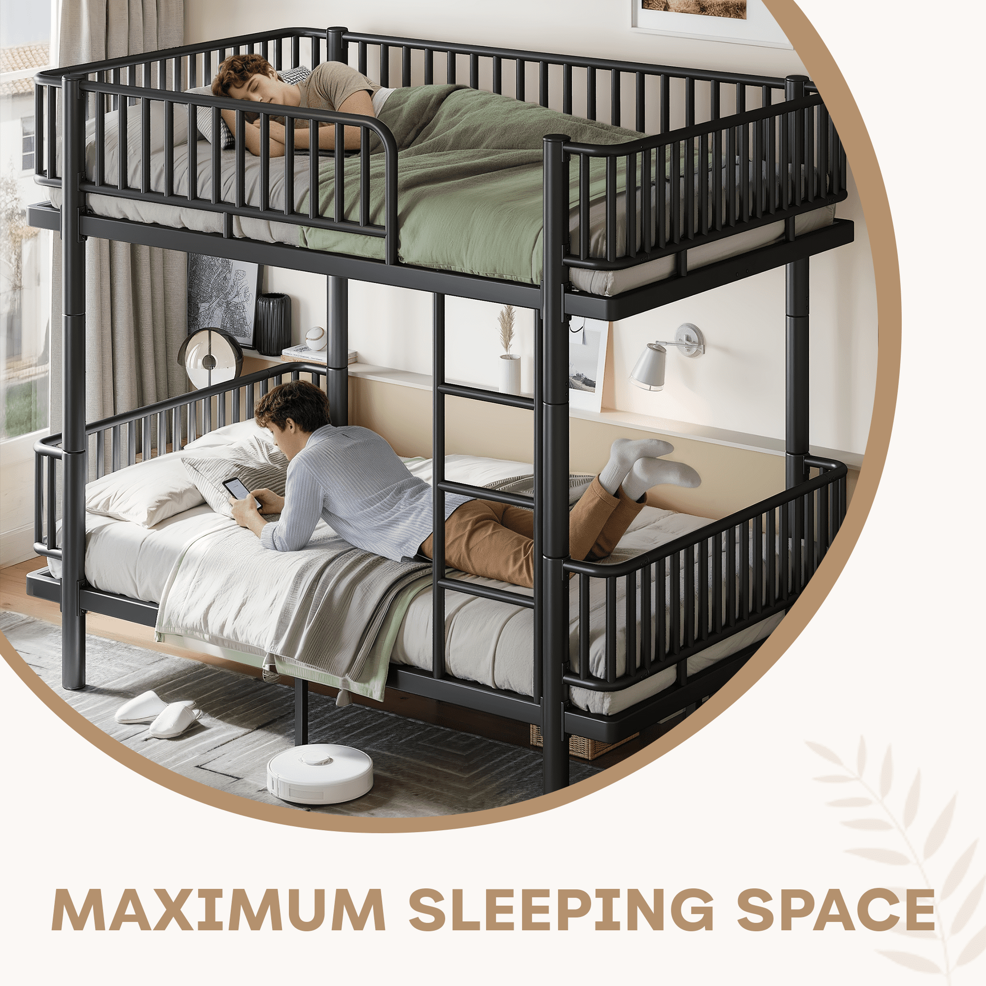 Leumius Full over Full Bunk Bed Frame with Ladders & Guardrails, Metal Bunk Bed Frame with Upgraded Safety Round-Pipe Design, Can Transformed into 2 Platform Bed for Teens Adults Black