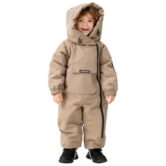 Hansber Baby Snowsuit For Boys Girls Quilted Fleece Lined Bodysuit Toddler Hooded Coveralls Windproof Ski Suits Khaki 120