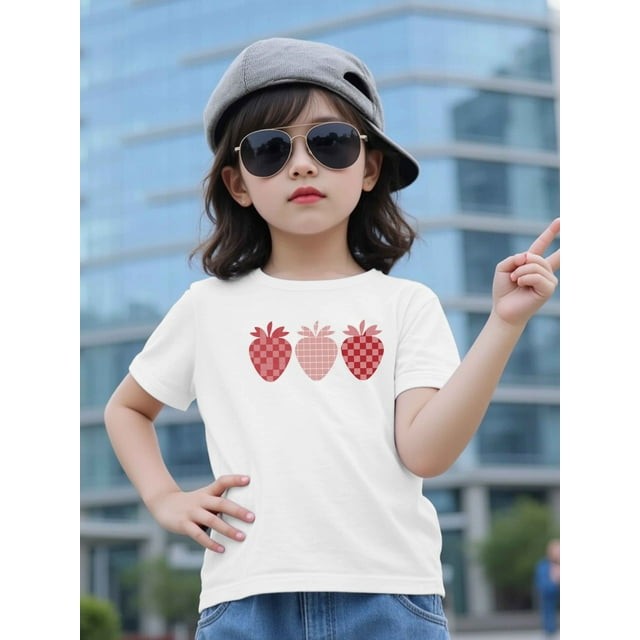 Cute Girl in Glasses & Strawberry Print Tee - Red Cotton Short-Sleeve T-Shirt with Checkered Strawberries, Casual Summer Top for Little Girls, Casual Summer Top | Playful Print Top | Comfortable Fit,