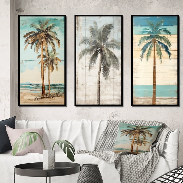 Designart "Faded Memories Tropical Palm Tree II" Meadow Framed Wall Art Set Of 3 - Green Traditional Frame Canvas Set For Living Room Decor