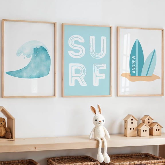 Surf Nursery Decor Surf Surf Decor Surf Themed Room Surf Wave Baby Blue Boys Room Beachy Room Coastal Wave Art Set 3 Unframed Paper Print 8x12