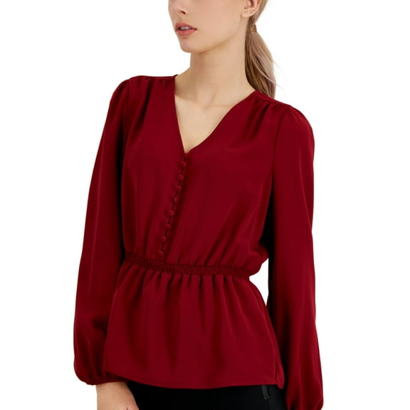 Alfani Petite Smocked Peplum Top Red Burgundy PXS