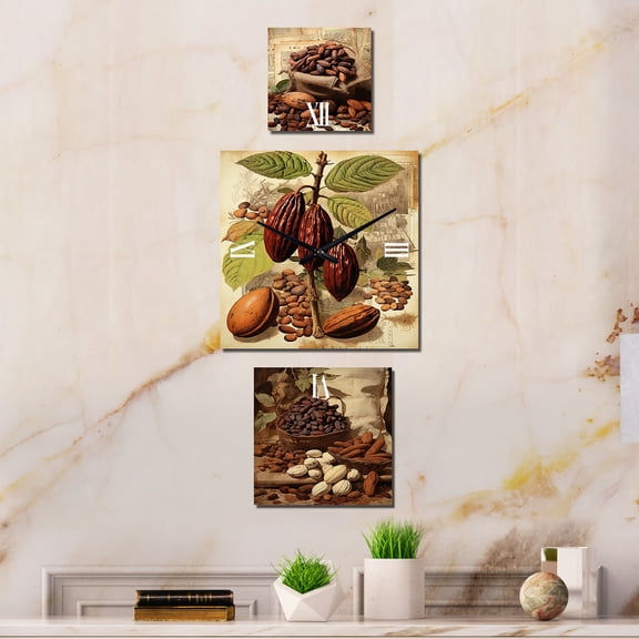 Designart "Velvety Antique Chocolate" Cocoa; Cooking Oversized Wall Clock - Set Of 3 - Multipanel Traditional Clock For Living Room Décor - Large Vertical Clock
