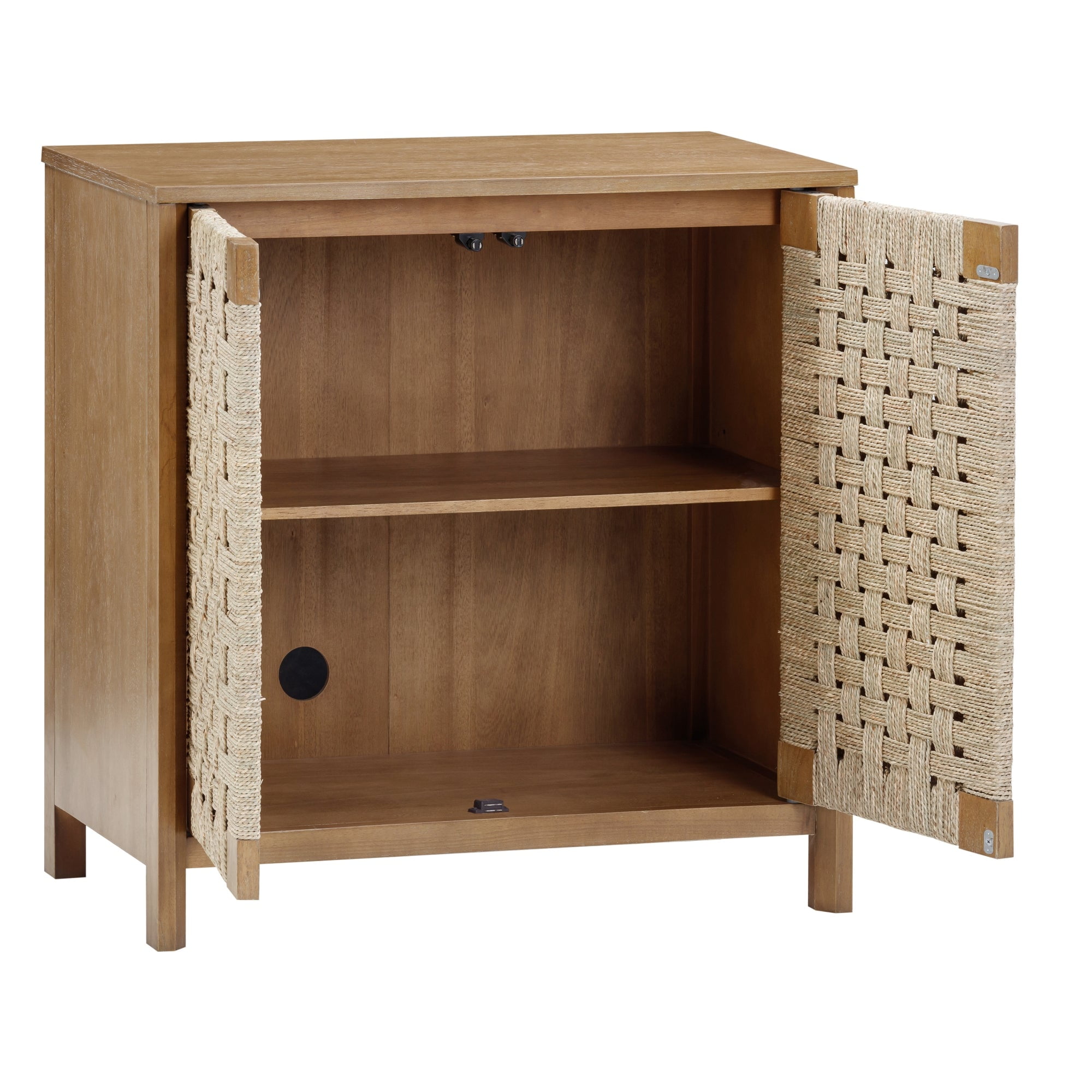 Nathan James Aerie Rustic Wood Cabinet, Boho Living Room Storage Cabinet with Seagrass Door Panels and Solid Wood Legs, Light Brown