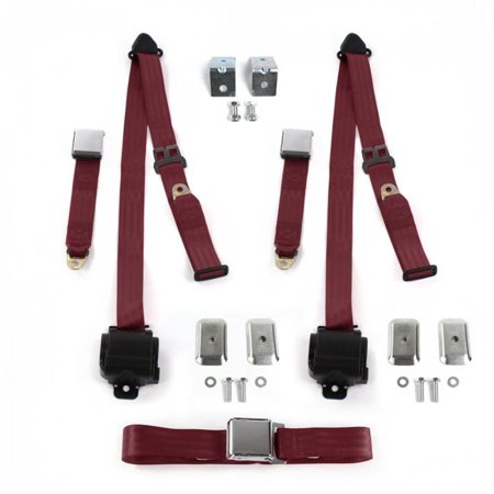 SafeTBoy Airplane 3 Point Burgundy Retractable Bench Seat Belt Kit with Bracketry for Ford Thunderbird 1955-1957 - 3 Belts