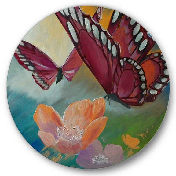 Designart 'Butterflies On Pink Flowers' Traditional Circle Metal Wall Art 36x36 - Disc of 36