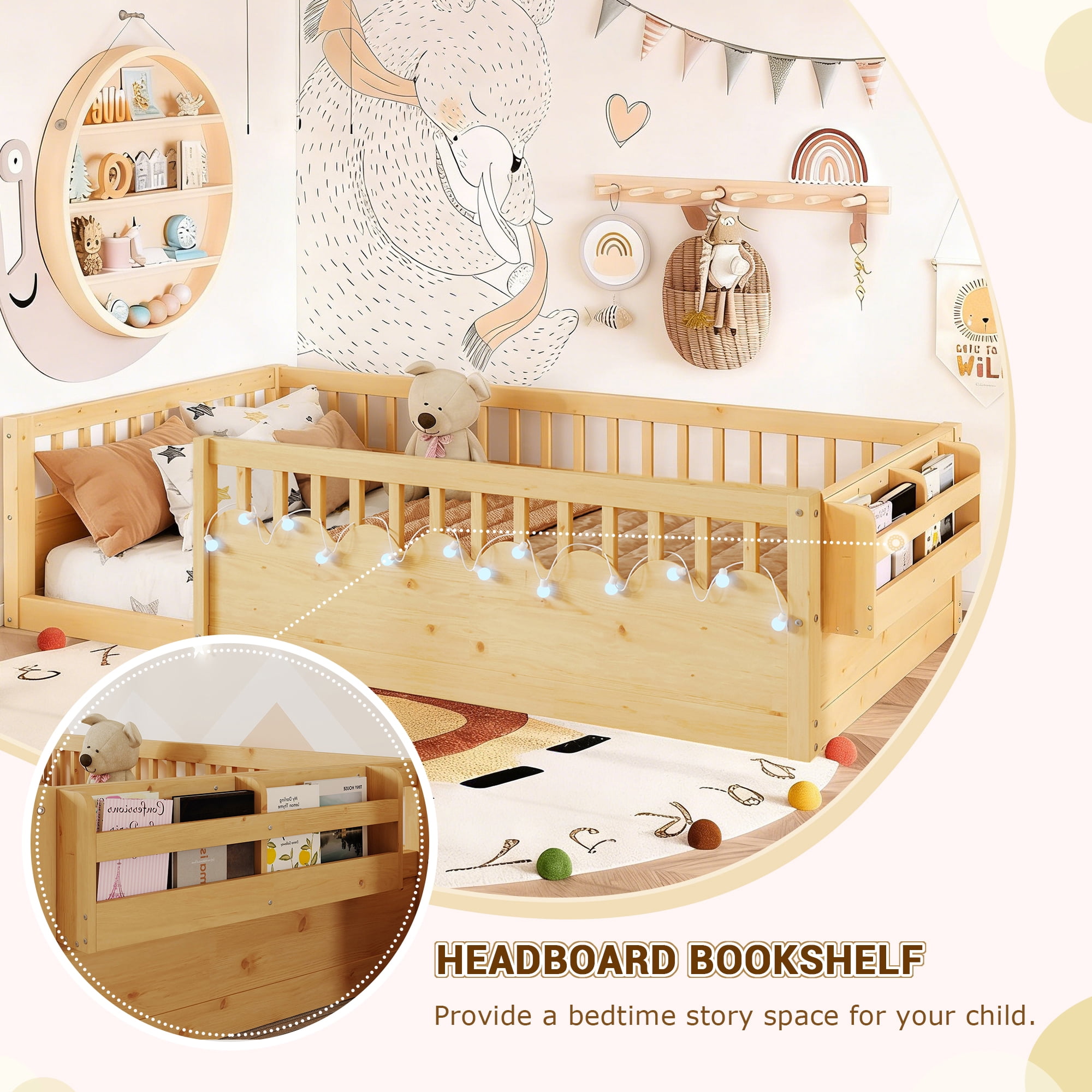 Twin Size Toddler Floor Bed Frame, Montessori Floor Bed with Guardrails, Pine Wood Bed Frame for Kids, No Slats Included, Natural