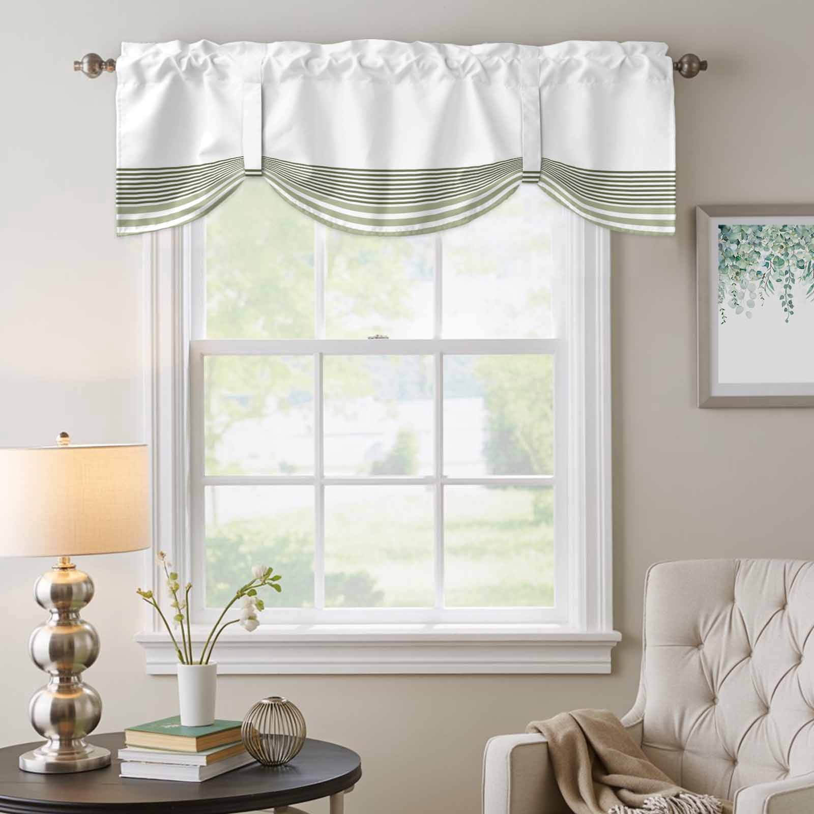 Modern Sage Tie Up Valances Curtain, Adjustable Kitchen Green Classic Stripe Valances for Windows Decor, Rod Pocket Short Curtains Set for Bedroom/Bathroom, 60"x18"