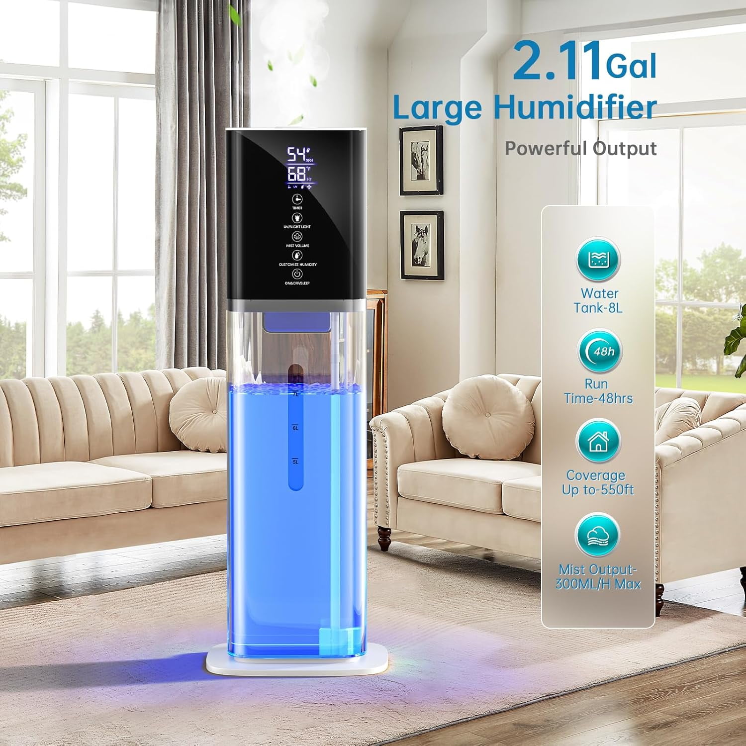 Humidifiers Large Room Bedroom with 7 Colors Light, 8L 2.1Gal Quiet Ultrasonic Cool Mist Topfill Humidifier with 3 Speed Humidistat Essential Oil Tray for Baby Home Plant Yoga Sleep