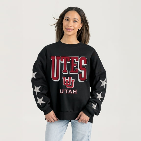 Women's Gameday Couture  Black Utah Utes Pure Victory Relaxed Rhinestone Pullover Sweatshirt